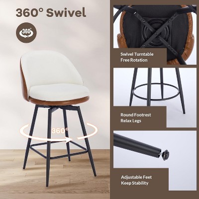 360-degree swivel barstool features collage including swivel mechanism and rounded footrest