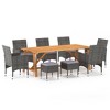 vidaXL 9-Piece Gray Patio Dining Set - Acacia Wood Table & PE Rattan Chairs/Stools w/Cushions for Outdoor/Garden/Deck - 2 of 4