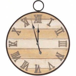 Large Wooden Wall Clock Antique Vintage Rustic Country Farmhouse Style Real Wood Iron Roman Numerals - 1 of 4