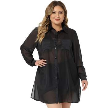 Agnes Orinda Women's Plus Size Long Sleeve Black Sheer Button Down Shirts