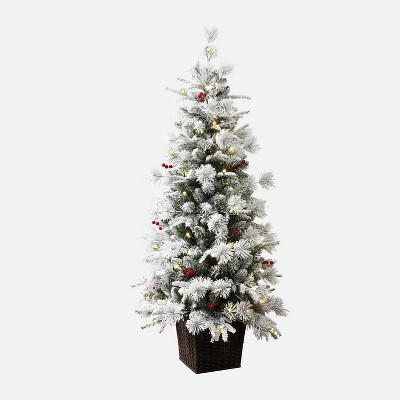 LuxenHome 4.5Ft Pre-Lit Snow Flocked Full Pine Potted Artificial Christmas Tree Green