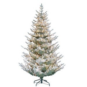 Puleo 7.5' Pre-Lit Flocked Full Hillside Spruce Artificial Christmas Tree Warm White Lights: Indoor Use, Includes Stand - 1 of 3