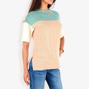 Anna-Kaci Women's Color Block Knit Top with Crew Neck and Short Sleeves, Casual Loose Fit Comfortable Blouse - 1 of 4