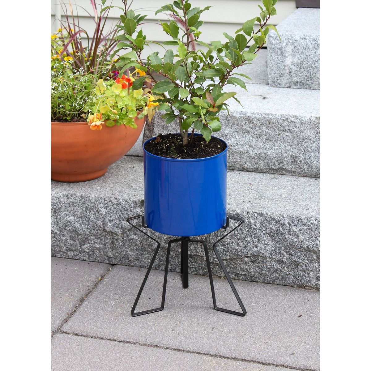 ACHLA Designs 9.25" Wide Cylinder Planter Pot: Galvanized Steel, Black Wrought Iron Stand, Indoor/Outdoor Use - thumbnail 2