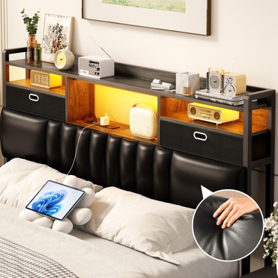 Aheaplus Upholstered Storage Headboard with Charge Station and RGB LED Light