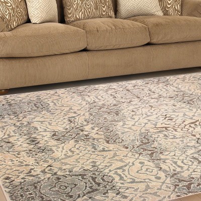 Beige and Gray Damask Polypropylene Area Rug, 8' x 10'