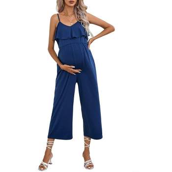 Maternity Jumpsuit Summer Casual V Neck Ruffle High Waisted Loose Jumpsuits Romper for Photoshoot Baby Shower
