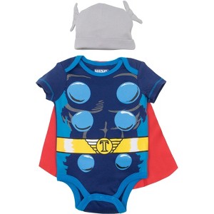 Marvel Avengers Captain America Spider-Man Thor Hulk Cosplay Short Sleeve Baby Bodysuit and Hat Newborn to Infant - 1 of 4