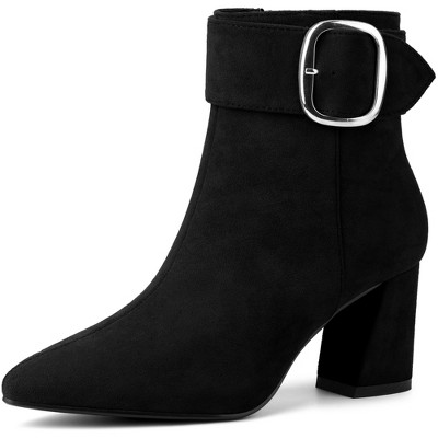 BLISSFUL STEP Square Buckle Chunky Heels Pointed Toe Ankle Boots for Women