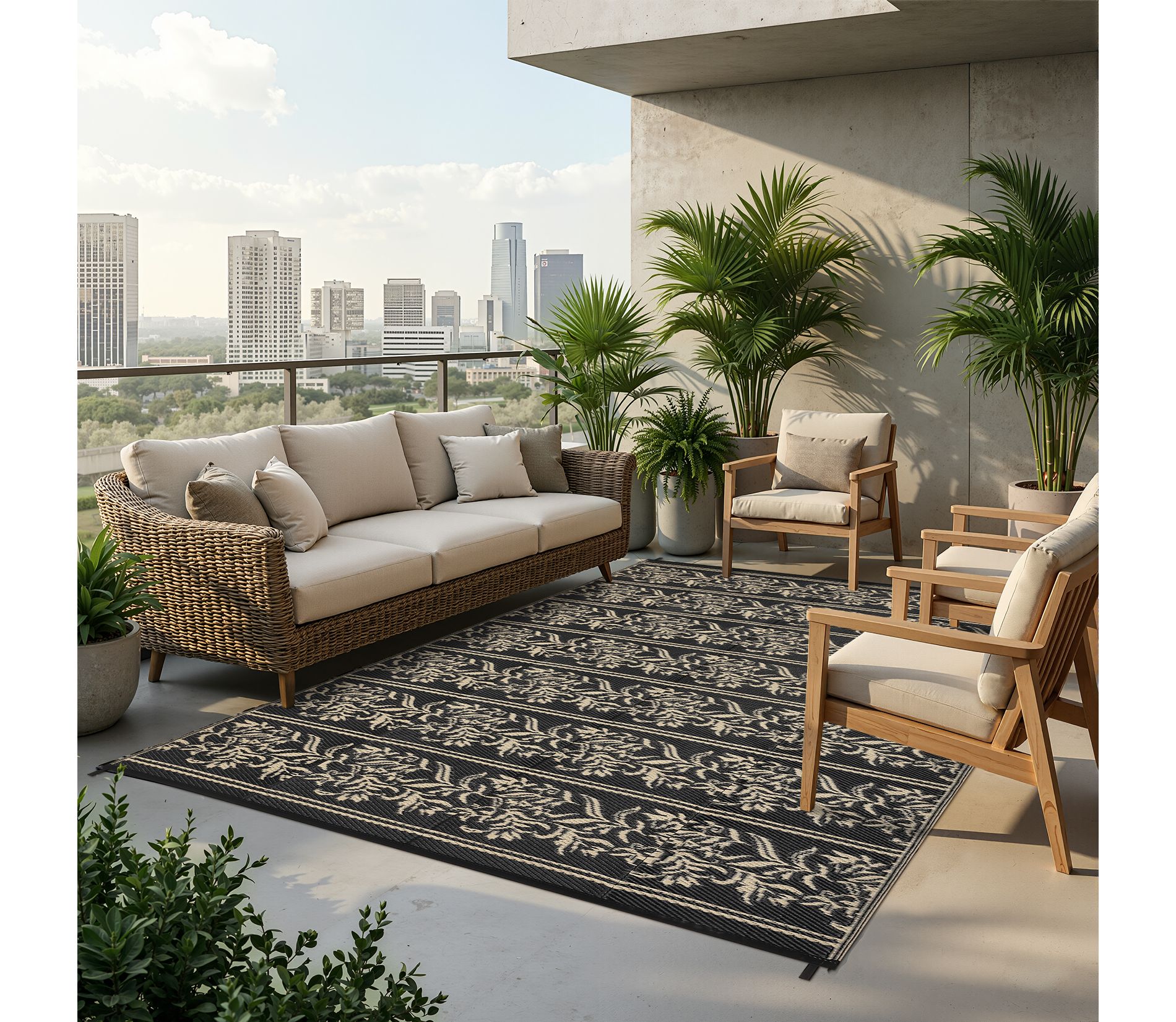 Waterproof Reversible Outdoor Rug - Boho Leaf Design - Lightweight, UV & Mark Resistant Patio Carpet with Stakes & Storage Bag