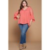 Slickblue Women’s Solid Woven Babydoll Blouse, Crochet Lace & V-Neck, 3/4 Trumpet Sleeves, 1XL, Coral - 2 of 4