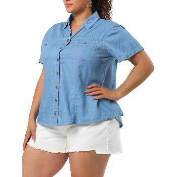 Agnes Orinda Women's Plus Size Short Sleeve V Neck Chest Pocket Solid Button Down Shirts