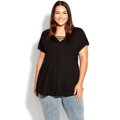 Avenue  Women's Plus Size 3 Bar V-neck Top - Black - 26w/28w : Target