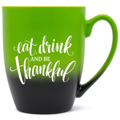 Elanze Designs Eat Drink And Be Thankful Two Toned Ombre Matte Green and Black 12 ounce Ceramic Stoneware Coffee Cup Mug