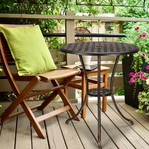 24" Cast Aluminum Patio Bistro Table with Umbrella Hole - Round Outdoor Coffee Table for Backyard, Garden, Porch, Pool, Balcony - Bronze Finish - 1 of 4