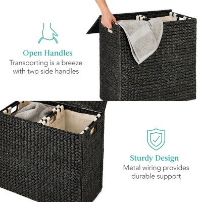 Large Black Handwoven Water Hyacinth Double Laundry Hamper