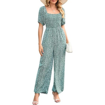 Women's Summer Smocked Jumpsuits Casual Square Neck Short Sleeve High Waist Wide Leg Rompers with Pockets