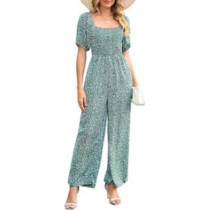 Women's Summer Smocked Jumpsuits Casual Square Neck Short Sleeve High Waist Wide Leg Rompers with Pockets - 1 of 4