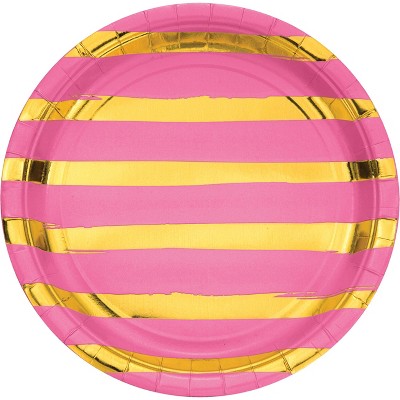 24ct Candy Pink and Gold Foil Striped Paper Plates Pink
