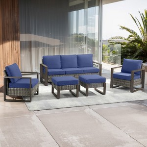 POCASSY 5PCS Outdoor Patio Furniture Set, Outdoor Sofa Couch Set with Patio Club Chairs and Ottomans, All Weather Wicker and Olefin Cushion Cover - 1 of 4