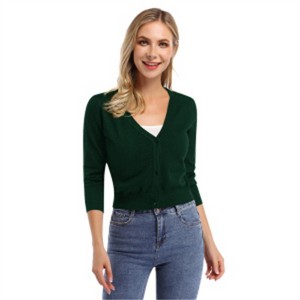 Clearlove Women's Cropped Bolero Cardigan – 3/4 Sleeve V-Neck Basic Classic Casual Button Down Knit Soft Sweater Top - 1 of 4
