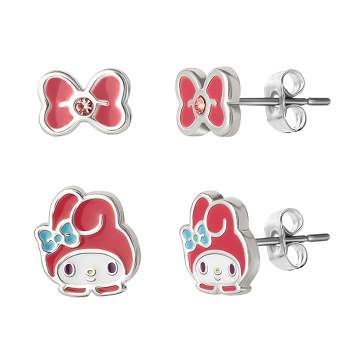 Sanrio Hello Kitty Silver Plated Bow and Melody Pink Crystal Stud Earrings