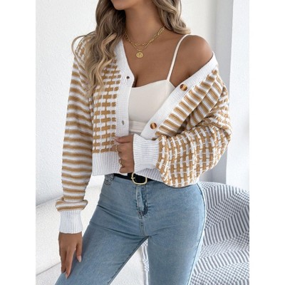 Coolmee Women's Cardigan Sweaters Striped Button Down Cropped Knit Lady Fall Trendy Sweaters Clothes