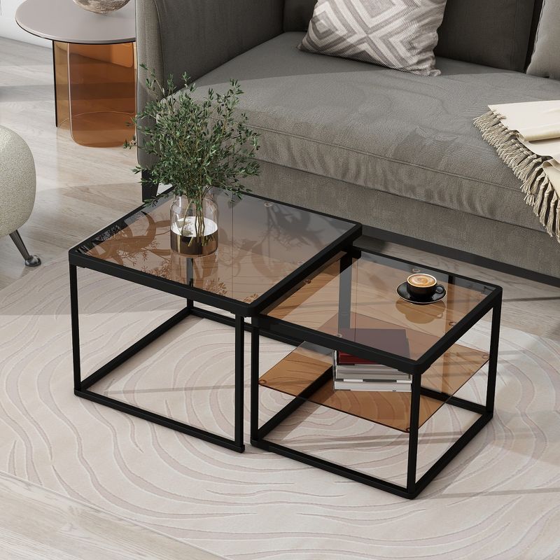 Modern Nesting Brown Tempered Glass Coffee Table Set with Metal Frame - ModernLuxe, 1 of 13