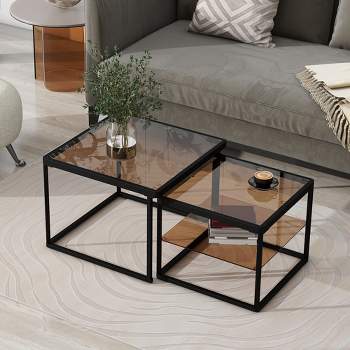 Modern Nesting Brown Tempered Glass Coffee Table Set with Metal Frame - ModernLuxe