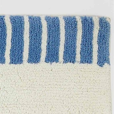 Ivory and Blue Cotton Coastal Bath Rug with Embroidered Seashells