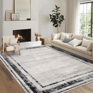 Washable Living Room Rug with Distressed Modern Border, Non-Slip, Soft Decorative Accent Carpet, Contemporary Minimalist Design for Bedroom Floor. - 1 of 4