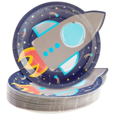 Blue Panda 48 Pack Rocket Ship Paper Plates for Kids Outer Space Birthday Party Supplies, Decorations (9 In)