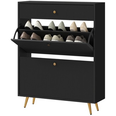 Munora Narrow Shoe Storage Cabinet with Wave-like Panels and Adjustable Shelves for 12 Pairs of Shoes, Black