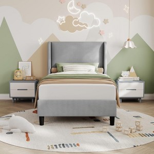 Twin Bed Frame with Adjustable Headboard, Velvet Upholstered Platform Bed with 12 Wood Slats Support, Sturdy Support Feet, Beige - 1 of 4