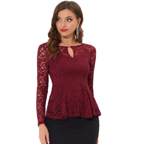 ASOS DESIGN embroidered mesh blouse with peplum hem in burgundy