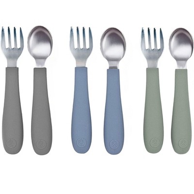 Image of WeeSprout Toddler Utensils, 3 Forks & 3 Spoons, 18/8 Stainless Steel & Food Grade Silicone - Matte Dark Gray, Blue, Green