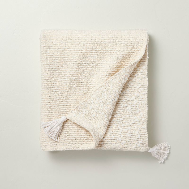Textured Knit Throw Blanket with Corner Tassels Cream/Natural - Hearth &#38; Hand&#8482; with Magnolia, 1 of 5