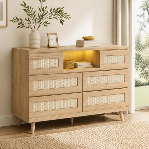 6-Drawer Rattan Dresser with LED Light & Charging Station, Farmhouse ...
