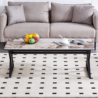 MAYEERTY Rock Slab Coffee Table - Natural Marble Pattern, Black Metal Legs.
