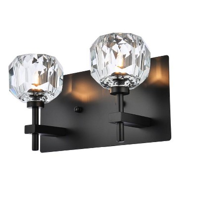 Black Iron and Crystal 2-Light Dimmable Wall Sconce
