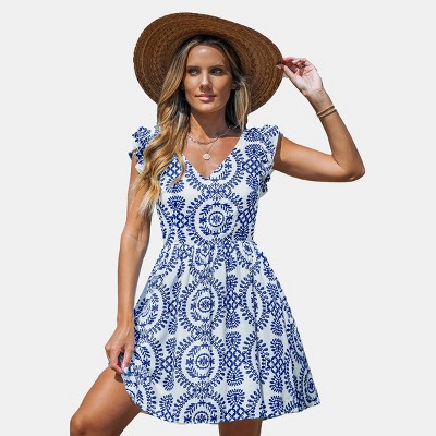 Women's Blue & White Ornate Floral Flutter Sleeve V-Neck Mini Dress - Cupshe