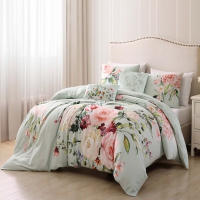 Queen Misty Green Cotton Reversible Floral Comforter Set