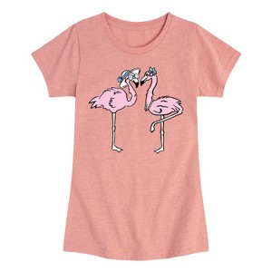 Girls' - Instant Message - Girly Flamingos Illustration Fitted Short Sleeve Graphic T-Shirt - 1 of 4