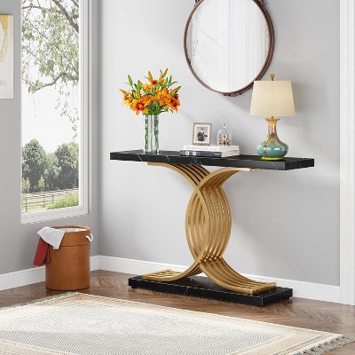 Gold and Black Faux Marble Console Table with Geometric Metal Legs