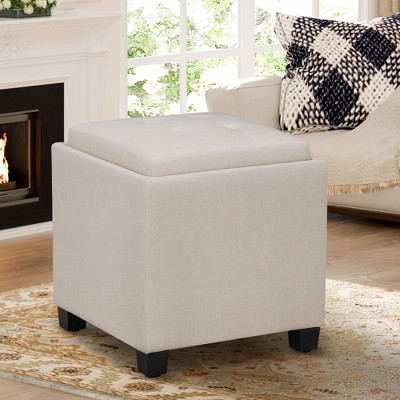 Square Leather Ottoman with Reversible Tray Lid – Hidden Storage Footrest, Small Coffee Table, Sturdy Design – 18”x18”