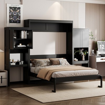TIRAMISUBEST Queen Size Murphy Bed Wall Bed with Desk, Vanity and Storage Cabinets, Wooden Murphy Cabinet Bed with Open Storage