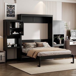 TIRAMISUBEST Queen Size Murphy Bed Wall Bed with Desk, Vanity and Storage Cabinets, Wooden Murphy Cabinet Bed with Open Storage - 1 of 4