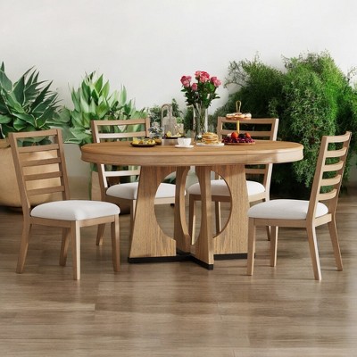 5-Piece Round Extendable Dining Table Set for 4 with Unique Geometric Base & Upholstered Chairs, 5-Piece Retro Dining Set for Kitchen & Dining Room