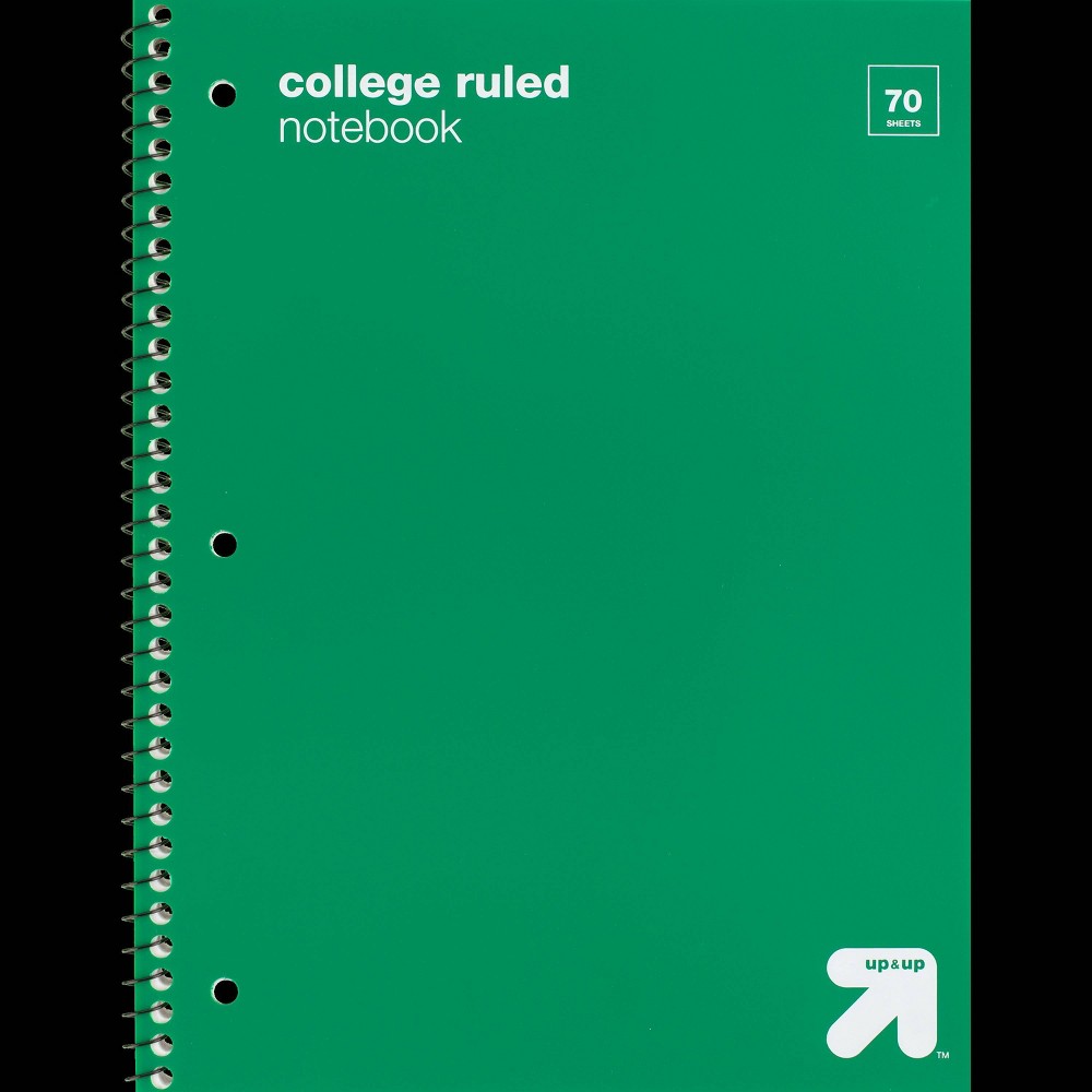 College Ruled Green 1 Subject Flexible Plastic Cover Spiral Notebook - up&up™: 70 Pages, 3 Hole Punched, Tween Audience