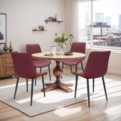 MAYEERTY Red PU Leather Dining Chair with Metal Legs, Chequer Upholstered Armless Chairs Set of 4
